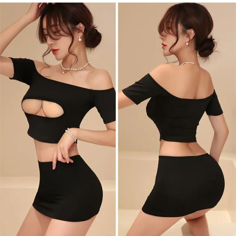 Erotic lingerie Shoulderless Temptation Deep V Bare Milk Two Piece Set women fancy underwear 18 sexy game train men tight xxx