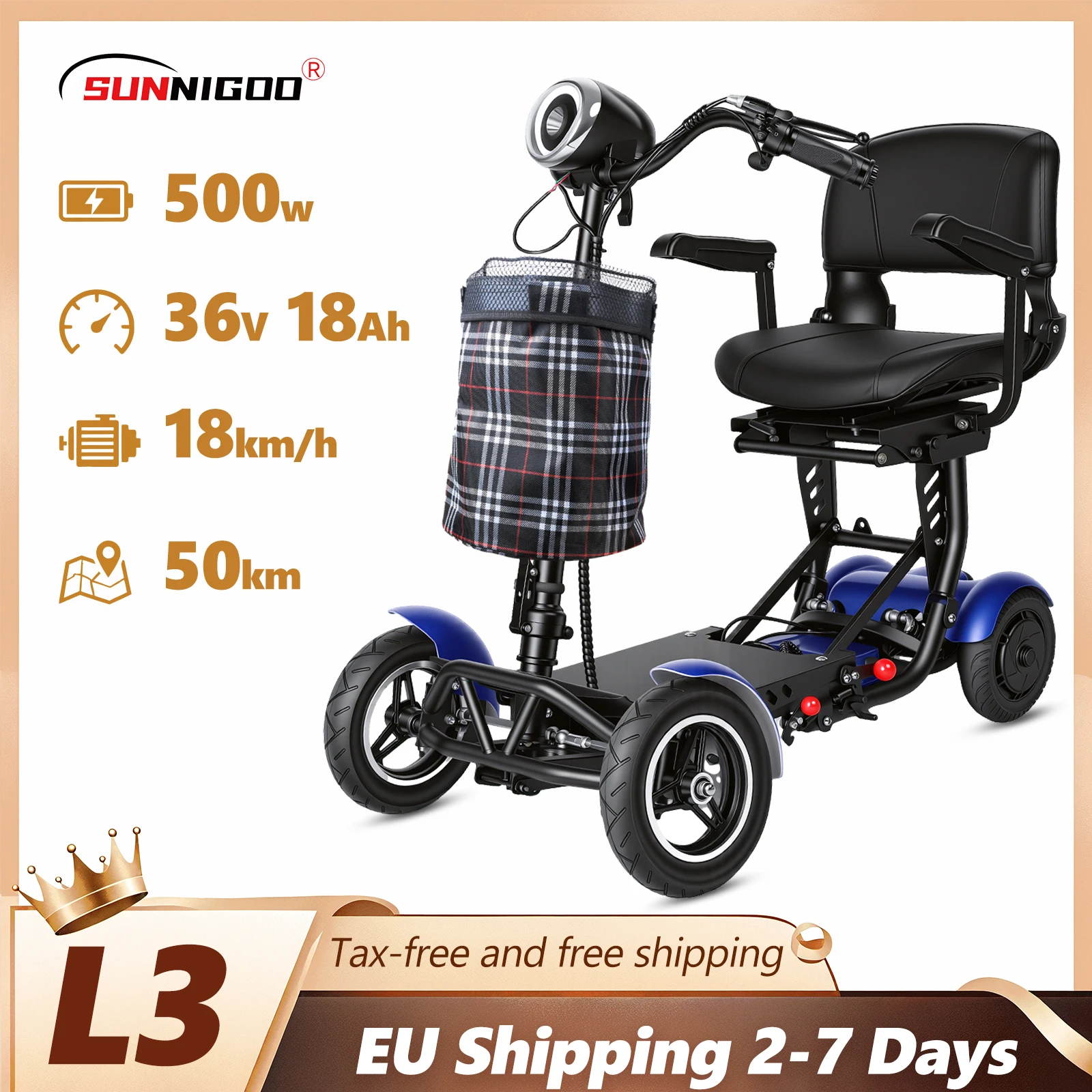 Scooter électrique SUNNIGOO L3 à 4 roues, double moteur 500W, batterie lithium 36V, léger, pliable, scooter de mobilité, chariot de golf, autonomie 50 km, avec fonction marche arrière, adapté aux