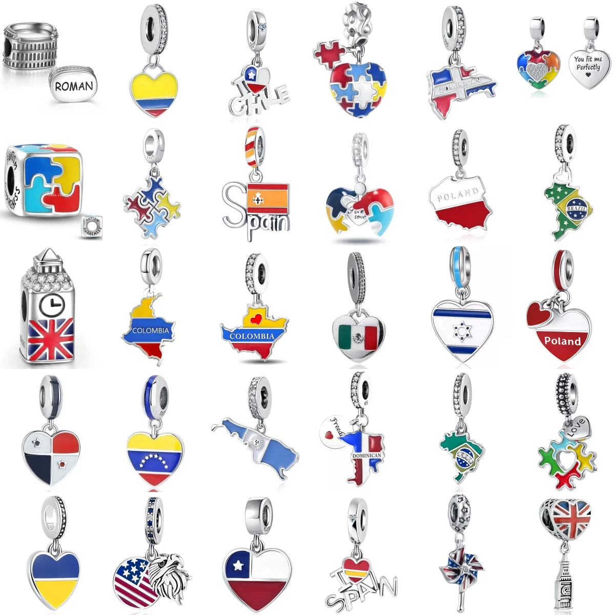 Travel National Flag Theme Charms World Flag Puzzle, Roman Colosseum, Big Ben Beads Fit European Women Jewelry Gift