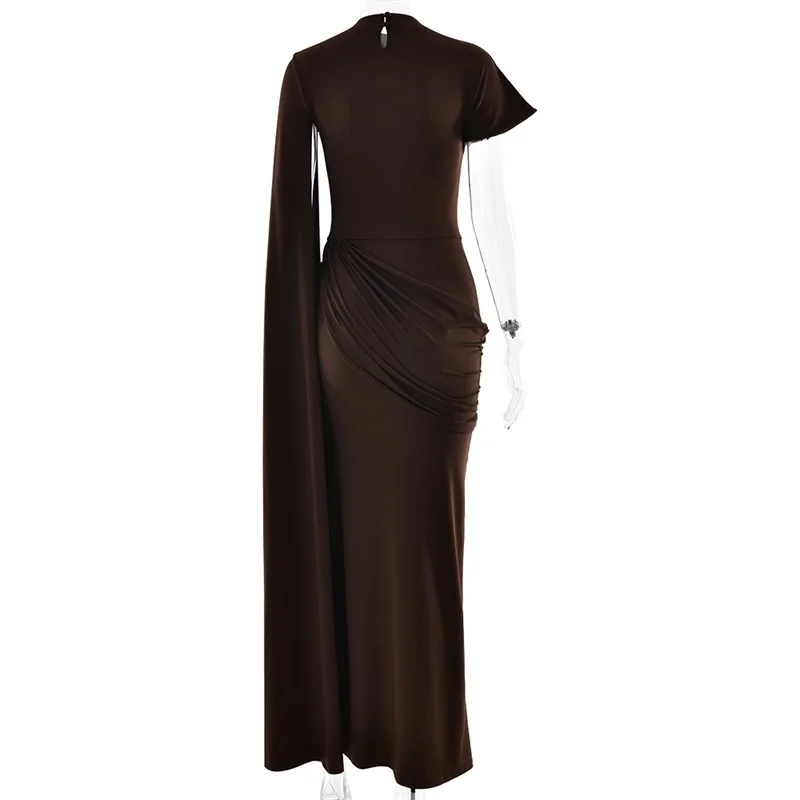 فستان حفلة موسيقية بني أبيض كيب ملفوف مثير بأكمام قصيرة وغمد طويل لحفلات الزفاف الكشكشة رداء رسمي لحفلات الزفاف وأعياد الميلاد