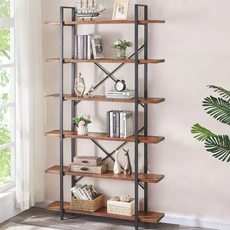 HSH Solid Wood Bookshelf, 6 Tier Tall Industrial Etagere Bookcase, Rustic Large Open Vertical Metal Natural Real Wood Book Shelf