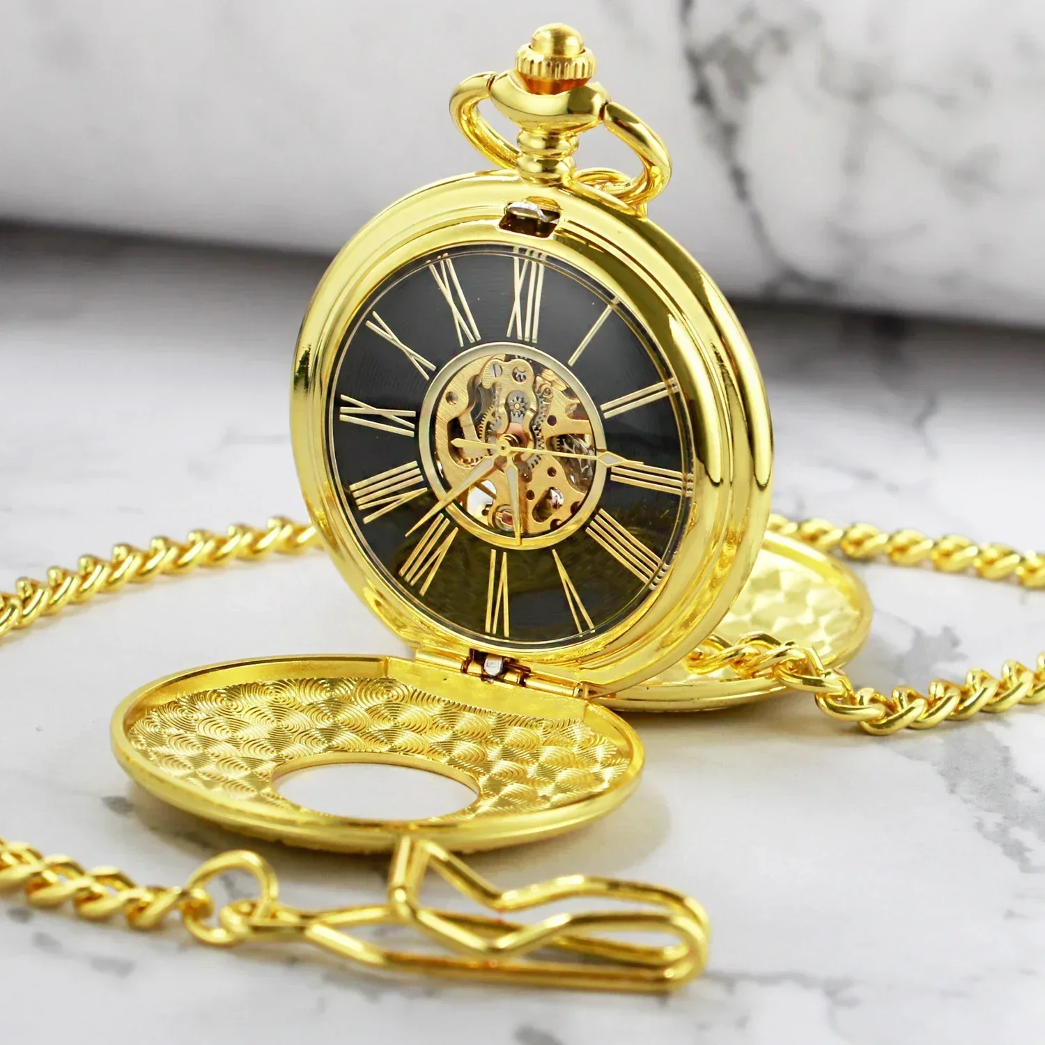 Luxus Gold mechanische Handwind Taschenuhren Vintage 2 Seiten offenes Gehäuse Herren Anhänger Uhr Geschenk