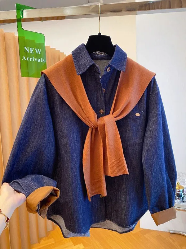 

Женский джинсовый кардиган оверсайз с открытыми плечами, свободного кроя, стройнящий, универсальный, с длинными рукавами, из хлопка и полиэстера