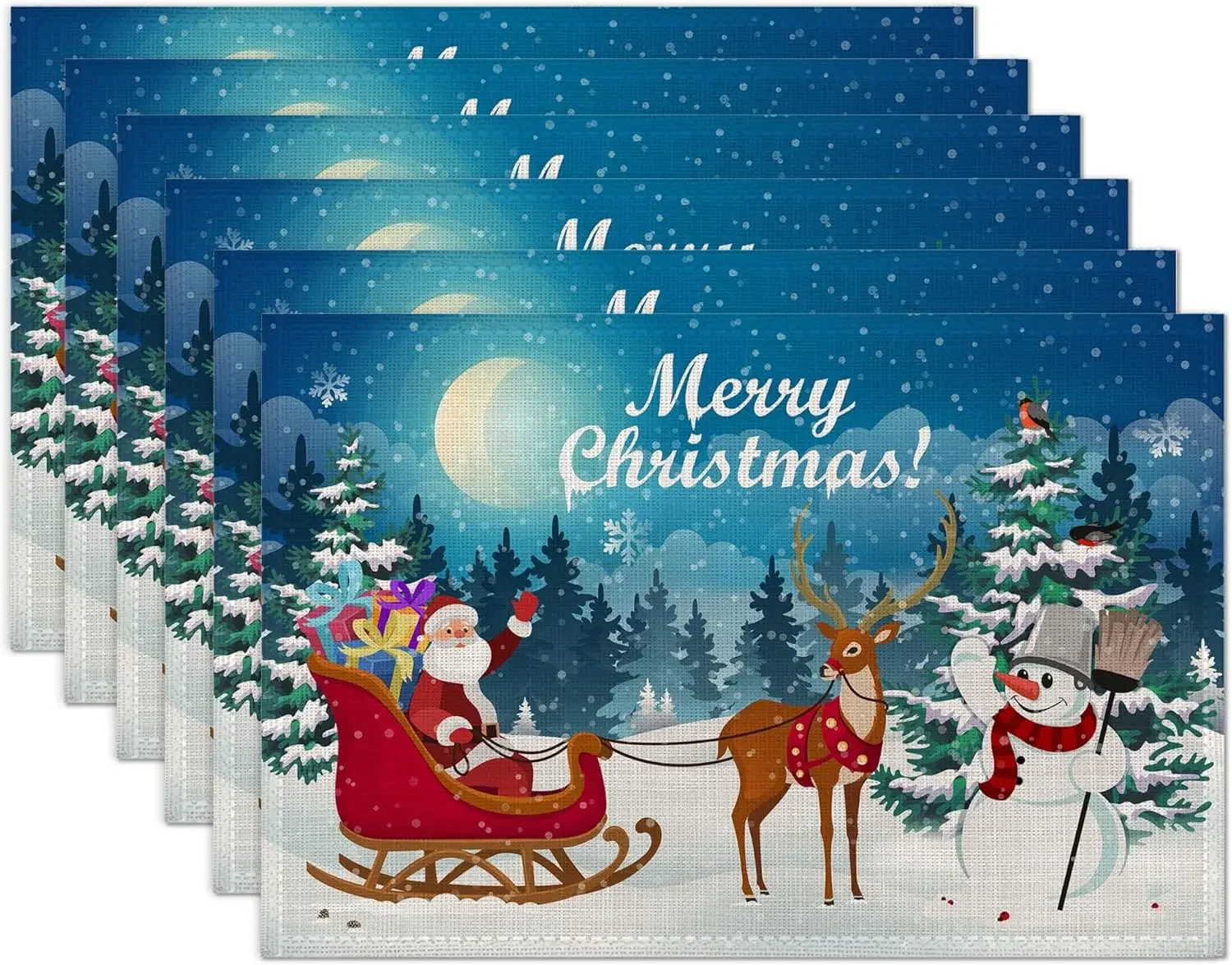 4/6pcs Santa Claus Deer Snowman Print Single-Sided Heat Resistant Placemat Set for Indoor Outdoor Holiday Decor