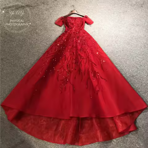 Z0416 Customized 100%Real Photos Red Tulle Off Shoulder Heavy Bead Short Sleeves Boat Neck Formal Party Prom Dance Evening Dress