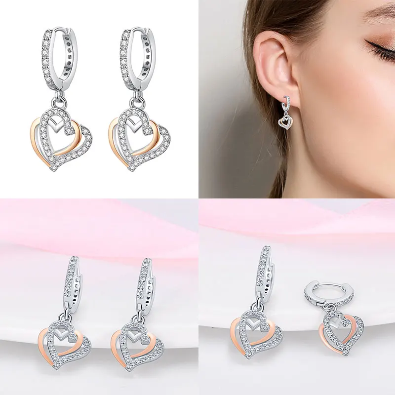 2024 Hot Sale 100% 925 Sterling Silver Heart to Heart Mother\'s Day Heart Shaped Pink Women\'s Earrings for Party Anniversary Gift