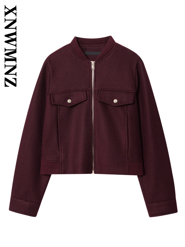 

XNWMNZ 2025 Autumn New Woman Commuting Simple Long Sleeve Coat Fashion Chic Spring Lady Burgundy Casual Outerwear zipper