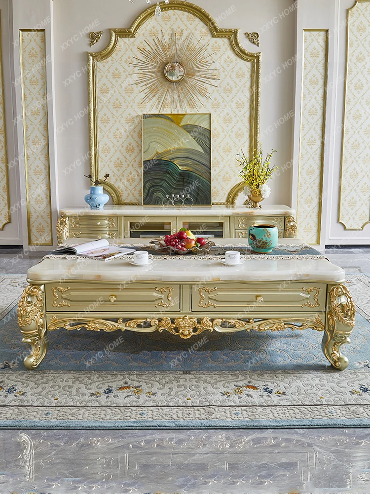 

European-Style Solid Wood Tea Table Palace Carved Marble TV Cabinet Unit Villa Living Room Furniture Set