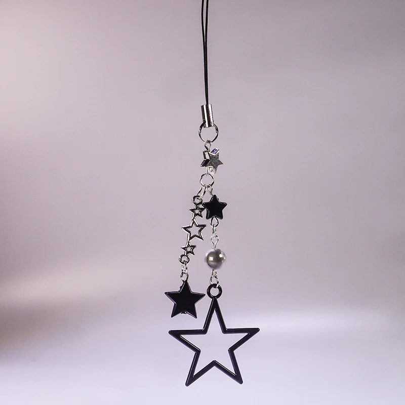 Cute Black Star Phone Chain Sweet Cool Phone Charms Pendant Kawaii Keychain Strap Lanyard With Star Bead Cartoon Accessories