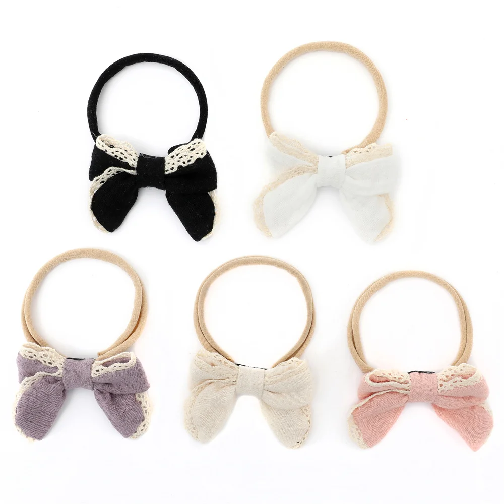 A11 001C Cotton Crepe Eyelet Lace Ribbon Hairband Girls Band With Tail babyclip Hair Accessories Scruchies