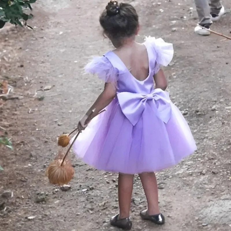 Purple Cute Flower Girl Dress Tulle Feather Sleeve Puffy Child Baby Girl Birthday Wedding Princess Party First Communion Gown