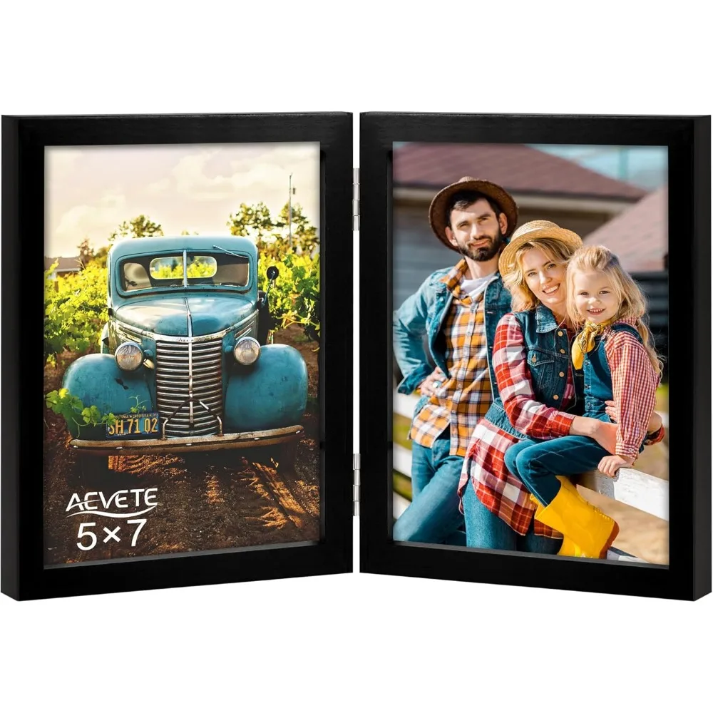 

Double Hinged Wood Folding 5x7 Photo Frame with Plexiglass Front Black