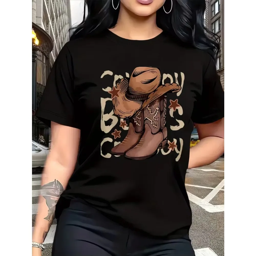 Western Cowboy Boot and Hat Themed Print Fashionable Breathable Women Men T-Shirt for Family Trips Campus Casual S Daily Commute