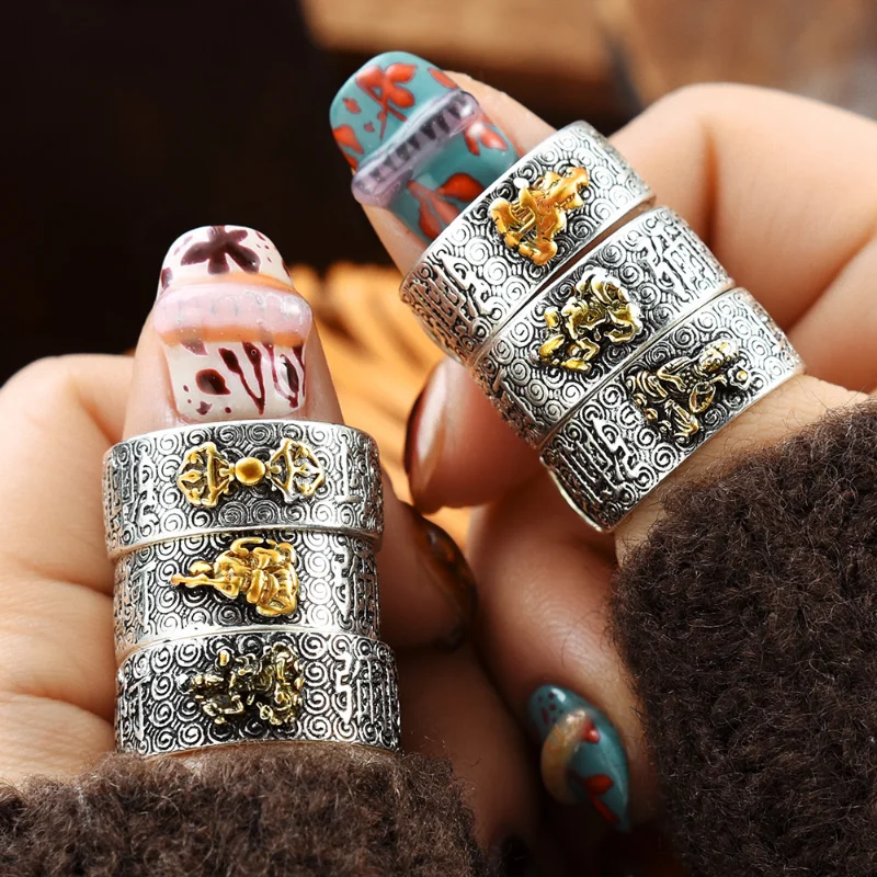 Vintage Pixiu Fengshui Divine Beast Rings Men Women Lucky Fortune Ring Opening Adjustable Buddhism Religious Amulet Jewelry Gift