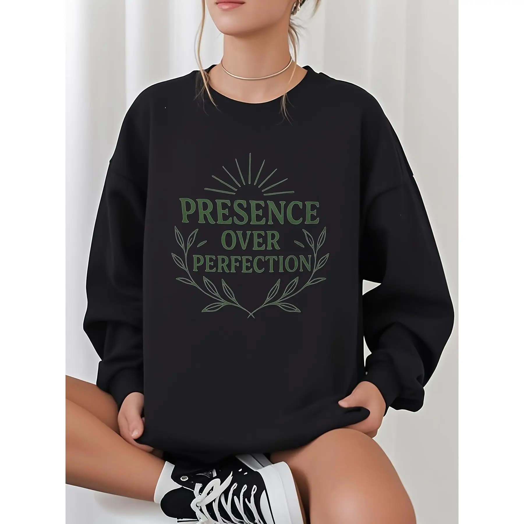 

Presence Over Perfection Sweatshirt Women's Inspirational Graphic Crewneck Pullover, Aesthetic Meditation Yoga Gift Top