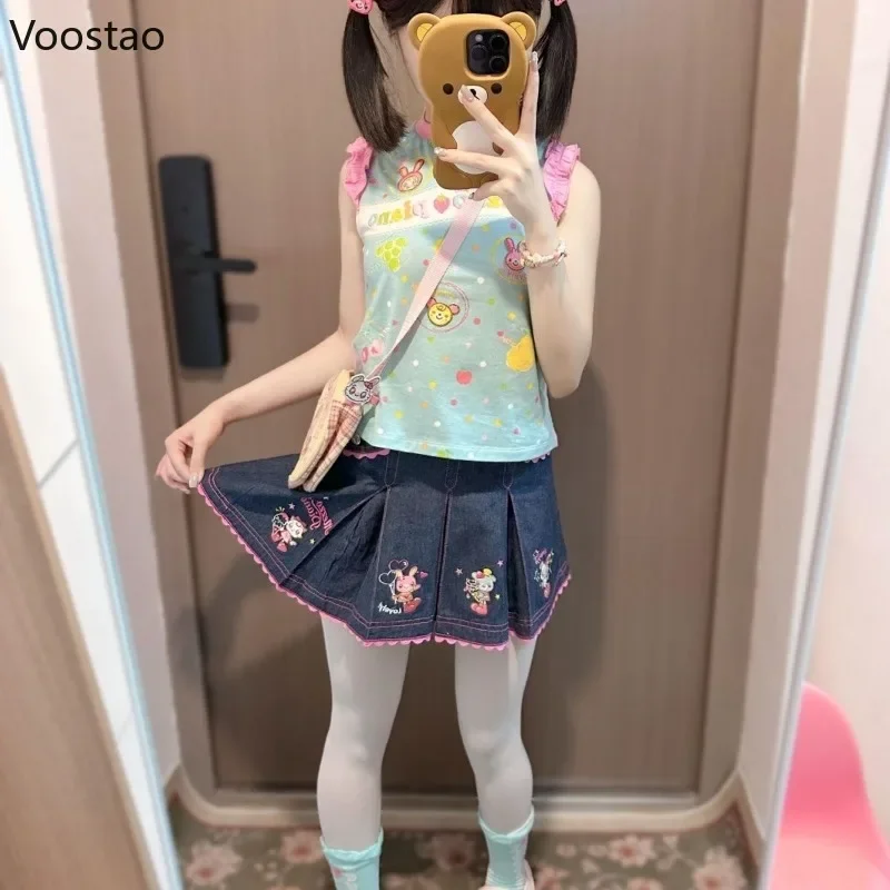 Japanese Cartoon Print Lolita T-shirt Women Sweet Y2k Aesthetic Flying Sleeve Crop Tops Girls Harajuku Grunge Kawaii Summer Tees