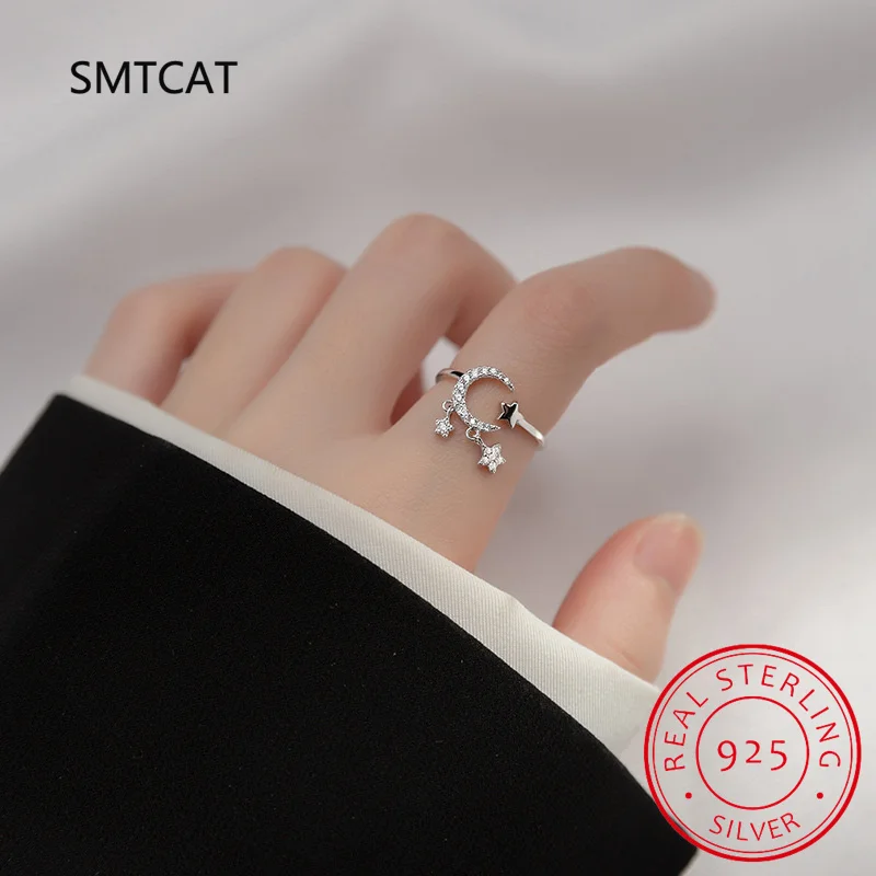 

925 Sterling Silver Moon And Stars Zircon Rotatable Ring For Women Gift Diamond Relieve Stress Ring Jewelry Wholesale