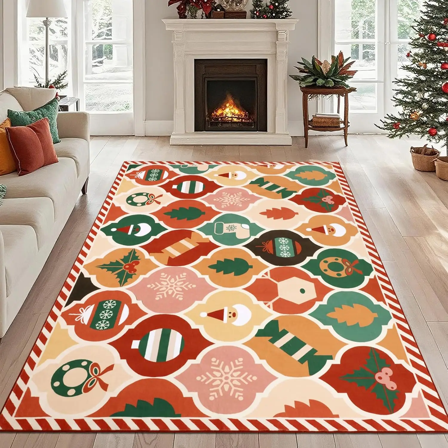 Colorful Xmas Moroccan Trellis Living Room Bedroom Rug, Low Pile Non Shedding Soft Nursery Throw Carpet for Dining Room Kitchen