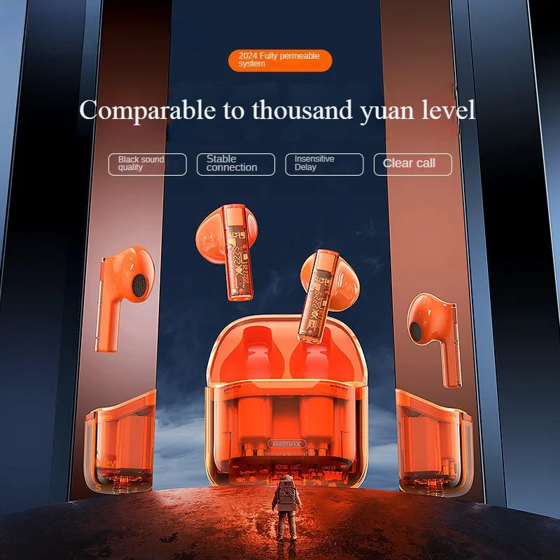 remax-bluetoothワイヤレスヘッドセット透明ケース付きイヤホン低遅延デュアルイヤー高品質新品