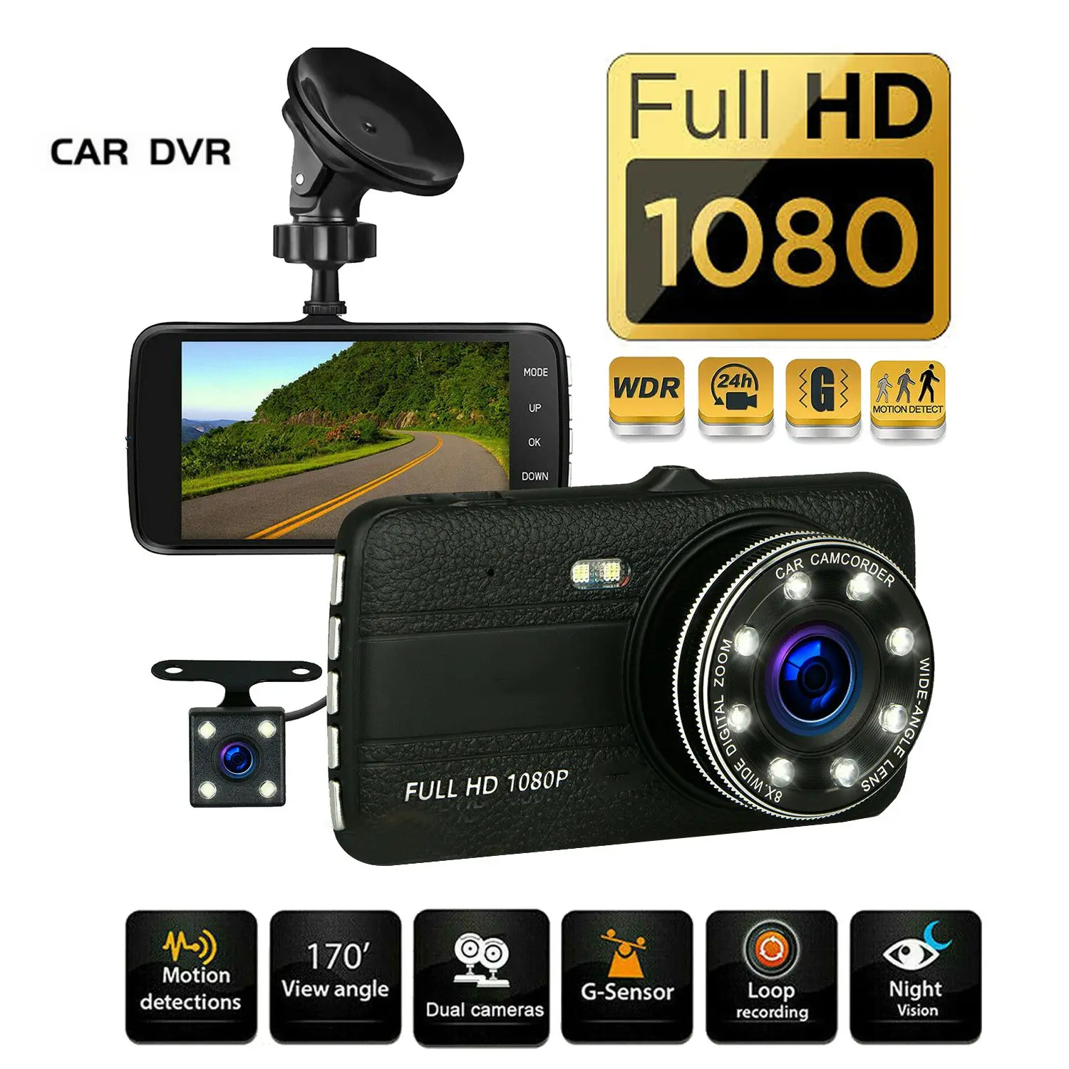 4 Inch Screen HD 1080P Dash Cam Car DVR Driving Recorder Camera Parking Car Monitor IR Night Vision with Rearview