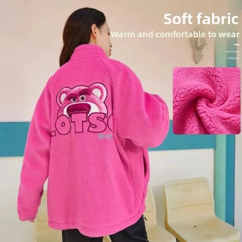 

Women's Fuchsia Sherpa Strawberry Bear Puffer Jacket - Fall Winter New Arrival Oversized Trendy Warm Fuzzy Streetwear Coat