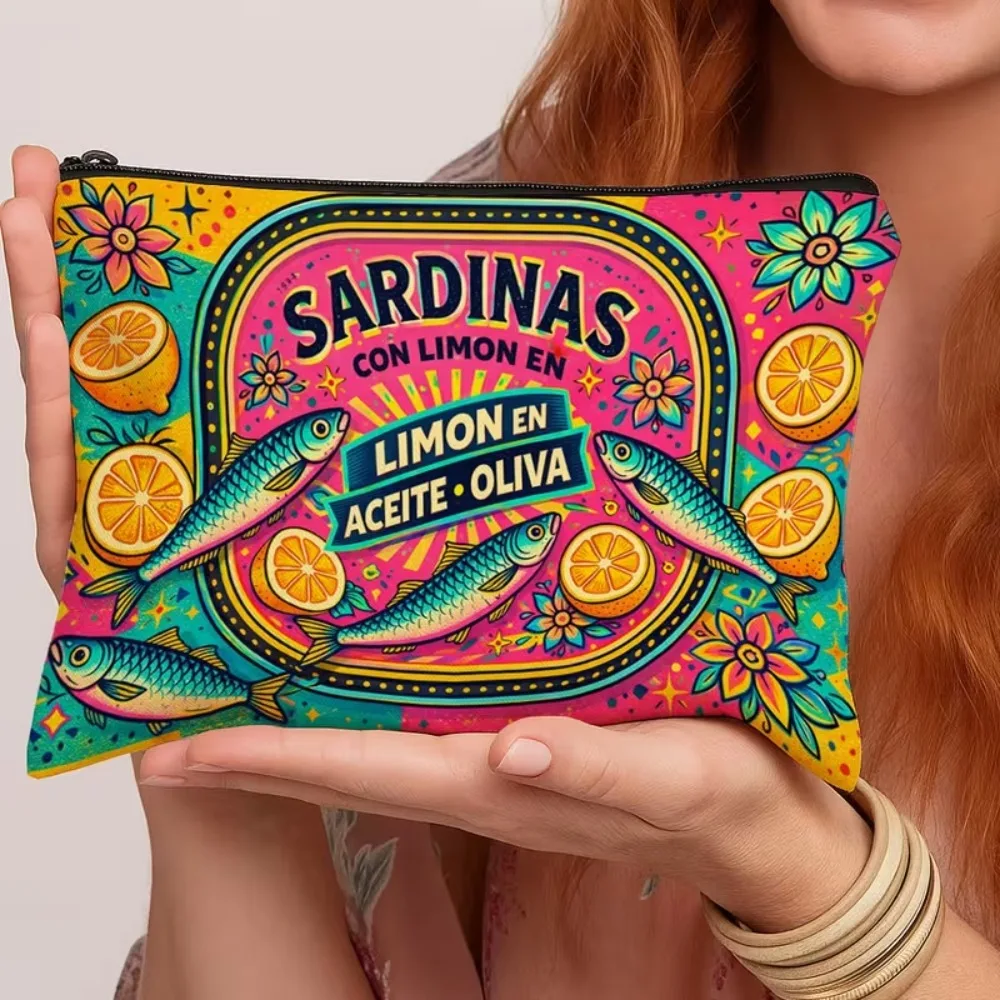 Vintage Sardinas Can Print Zipper Pouch Colorful Spanish Sardine Art Makeup Bag Fun Retro Food Cosmetic Pouch Quirky Gift