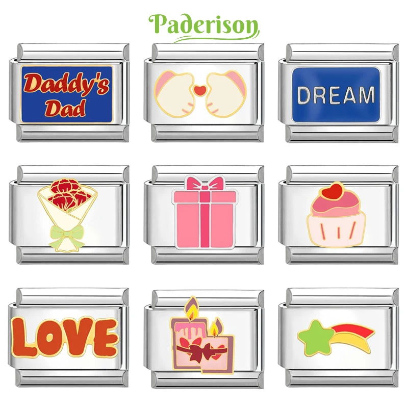 Paderison Retro Charm bracciale Dream Love Cake Italian Charm Links Fit 9mm bracciale in acciaio inossidabile fai da te che fa gioielli all\'ingrosso