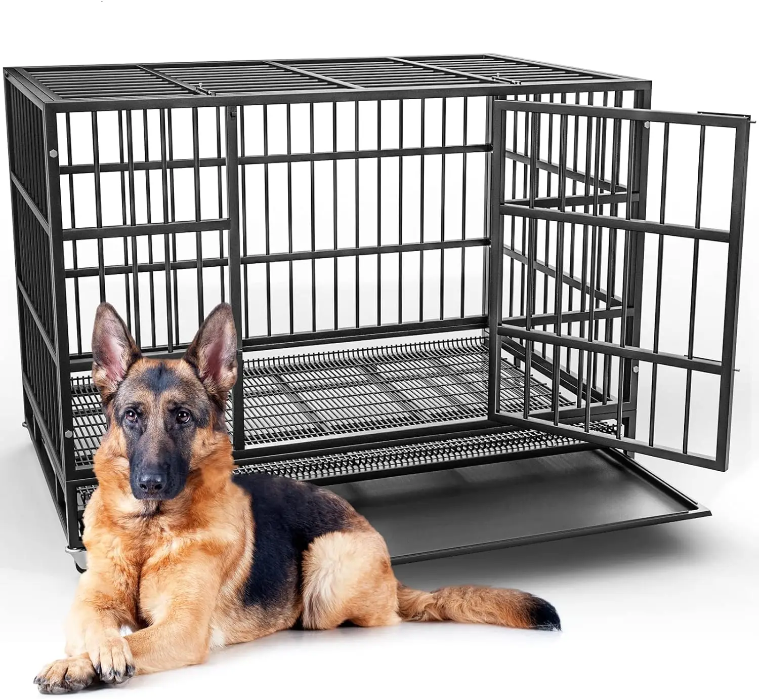 

Heavy Duty Dog Crate Cage Kennel with Lockable Wheels, High Anxiety Indestructible Dog Crate with Double Door and Removable Tray