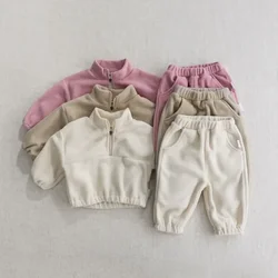 Winter Baby Clothes Sets Girls Boys Coats+Pants 2Pcs Sports Suits Solid Color Thicken Fleece Warm Toddler Casual Tracksuit