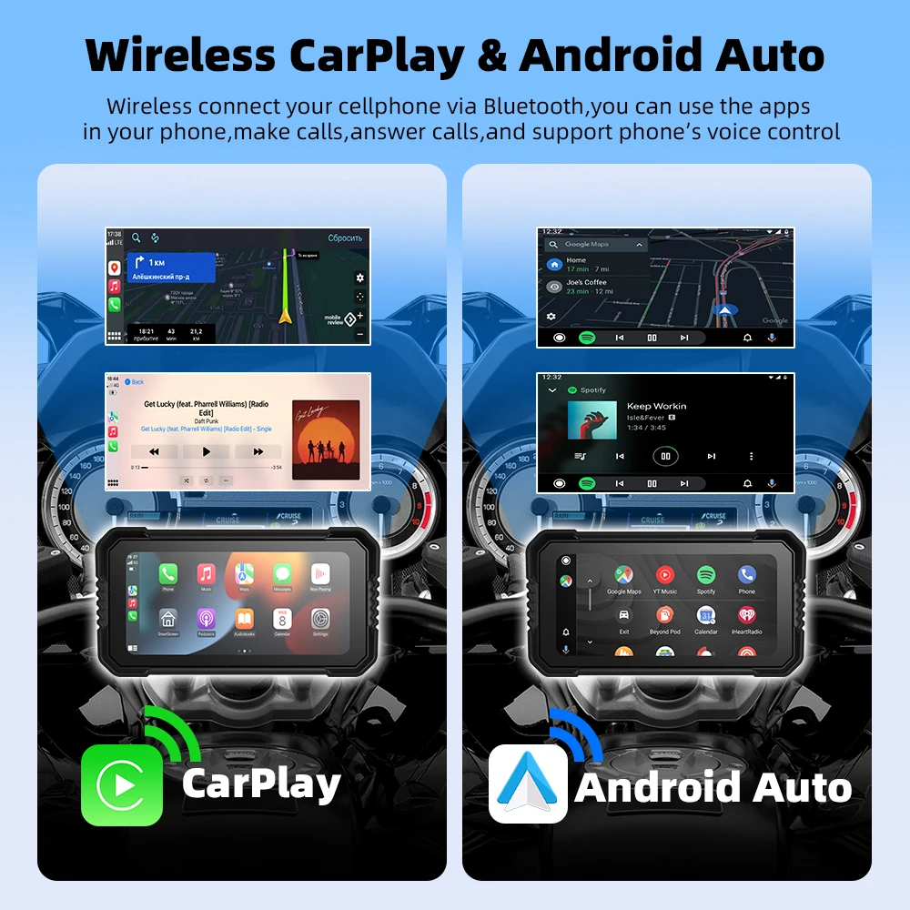 EKIY Motorcycle Navigation Wireless CarPlay Display Screen Portable Motorcycle Wireless Android Auto Moto Monitor DVR Dual BT5.0