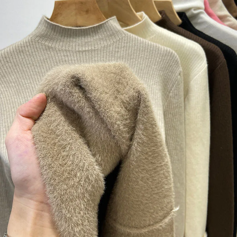 Suéter De punto para Mujer, jerséis nuevos De manga larga con cuello simulado, suéter De punto con forro polar, Tops para Mujer, Sueters De Mujer Q1479