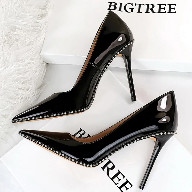 BIGTREE Shoes White Women Pumps Patent Leather Shoes High Heels Stiletto Luxury Party Shoes Metal Chain Rivets Heels Pumps Shoes