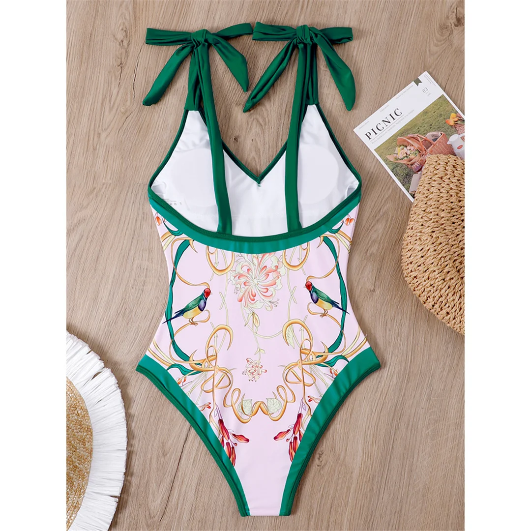 S - XL, einteiliger Badeanzug mit Blumenmuster und geknotetem Rock, Damen-Badebekleidung, Damen-Badeanzug mit Blumenmuster, V-Ausschnitt, Badeanzug, Modell V3965. – Detail 37