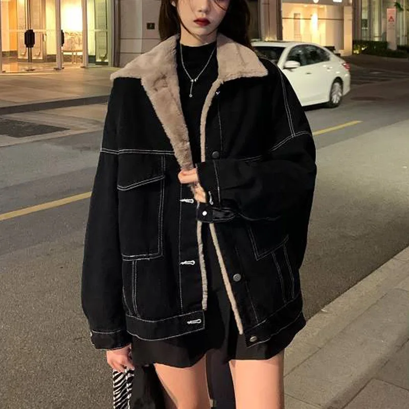 Mulheres denim casaco grosso lapela sólida jaquetas manga cheia único breasted y2k jaqueta solta base casacos bolsos casual inverno 2025