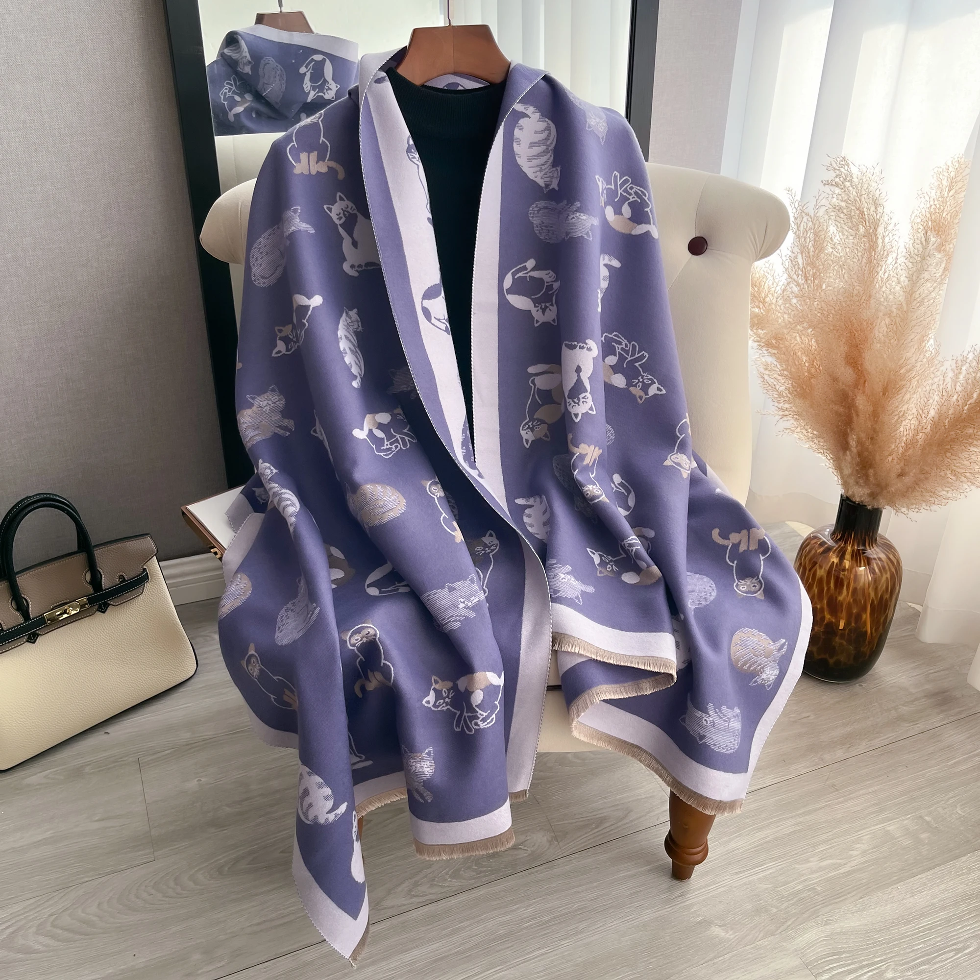 New Luxury Winter kitty Two-Sided Cashmere Jacquard Scarves High Quality Women Thicken Wrap Shawl Ladies Wool Pashmina Scarf