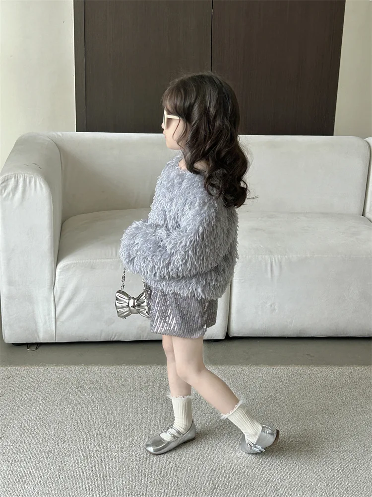 Children\'s trendy top2024Spring and Autumn New Children\'s Clothing Children Toddler Baby Feather Long Sleeve Top Sequin Skirt