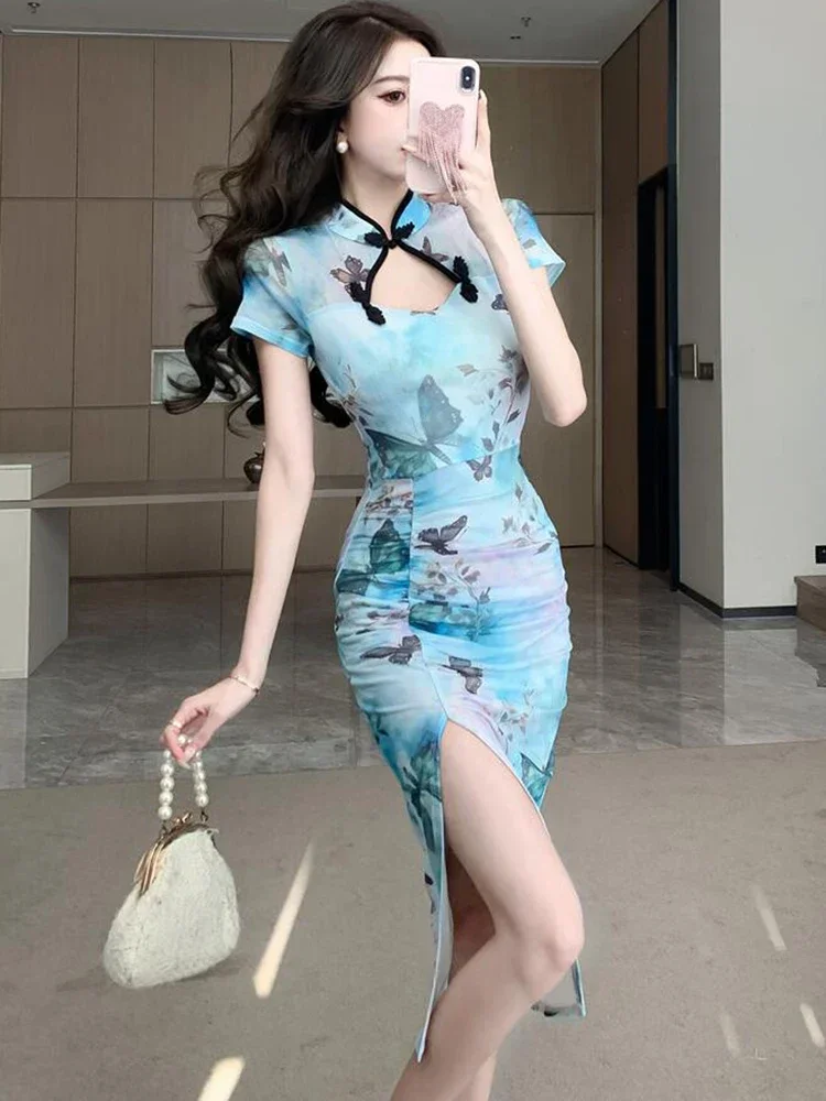 Robe d'été élégante et décontractée pour la maison, tenue de soirée moulante coréenne, en maille bleue, motif Floral, ajourée, mi-longue, 2025