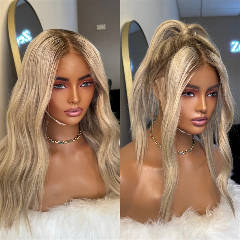 

Ombre Dreamy Creamy Blonde Синтетический парик фронта шнурка Косплей Ежедневный парик для вечеринок 13x4 Волна Предварительно вырезанный предварительно выщипанный кружевной парик грязной блондинки