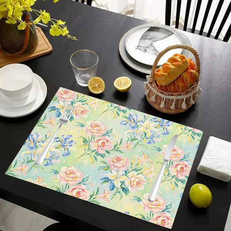 VIKAMA Placemat Retro Scroll Floral Green Print, Waterproof Oil-Proof Heat-Resistant Dining Table Mat for Home