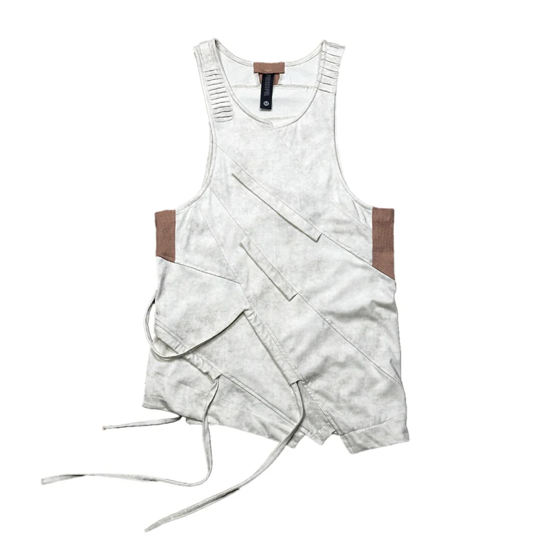 HKSH Waste Land Deconstructed Asymmetric Tan Tops Cotton Vest Waxed Dyed Worn Out Water Washing Tassel Sleeveless T-shirt HK1627