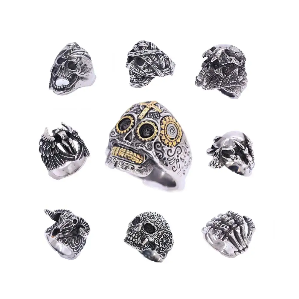 Gothic Skull Stainless Steel Rings Cthulhu Demon Satan Goat Head Steampunk Skull Hand Bones Angel Egyptian Mummy Biker Rings