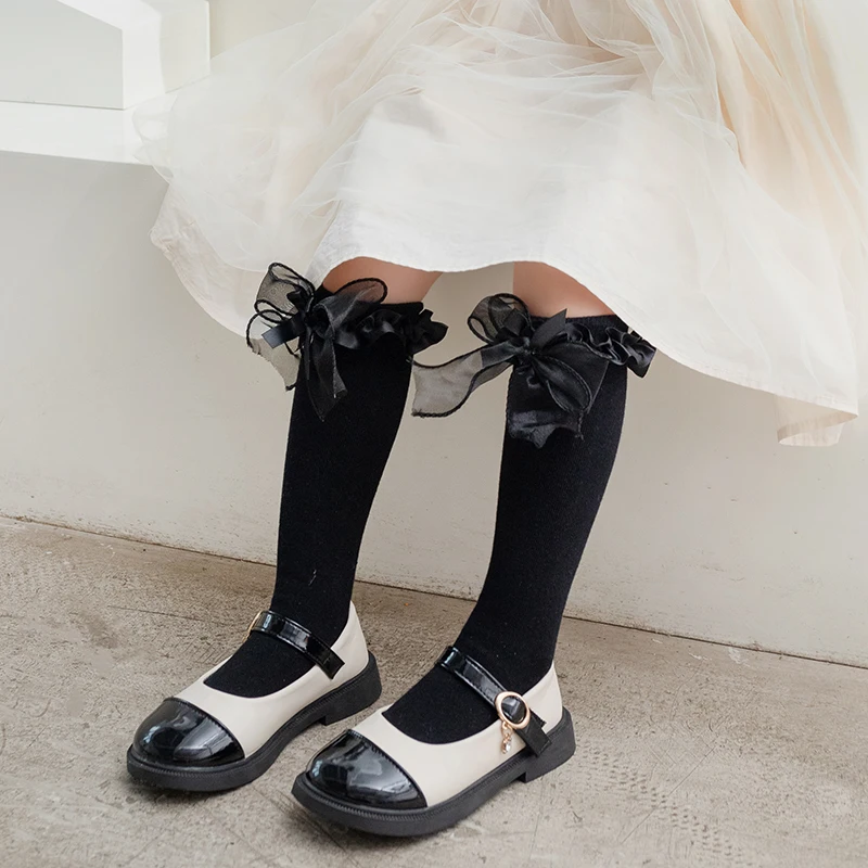 Korean Princess Style Girls Lace Frill Mid Calf Socks Featuring Beautiful Double Bow Decor Soft Light Stretch Knit Sweet Hosiery