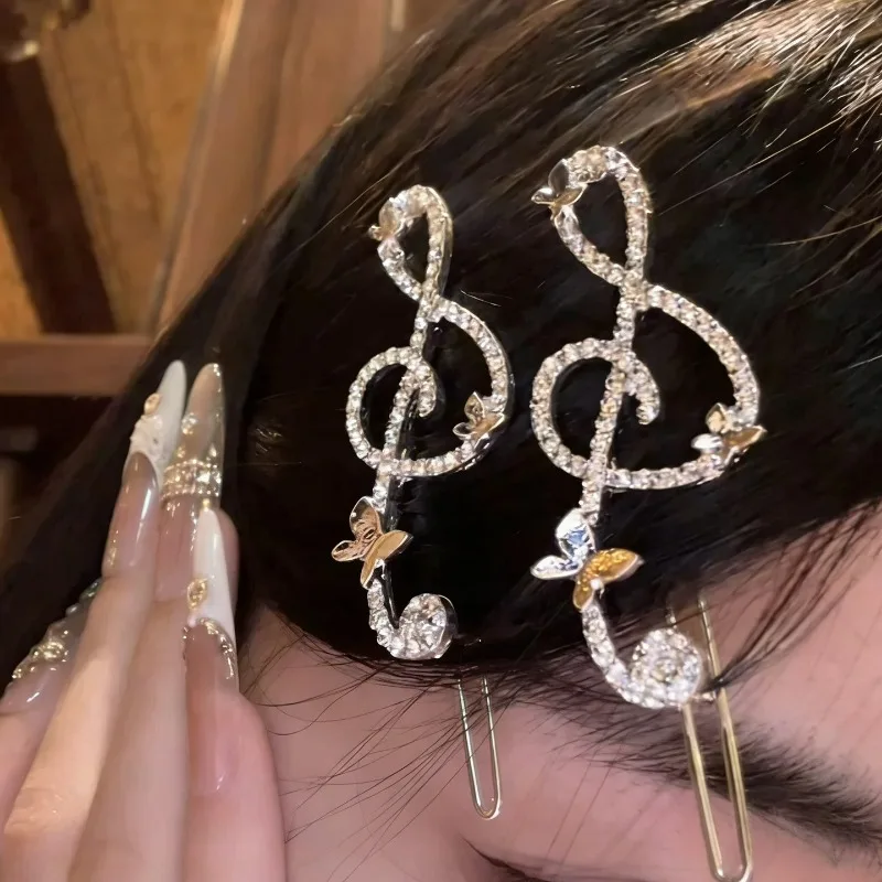 

1/2 шт. Модные заколки для волос с музыкальными нотами и стразами, серебристые и золотые, для девочек, заколки для челки, боковые заколки для волос, женские блестящие хрустальные заколки-бабочки