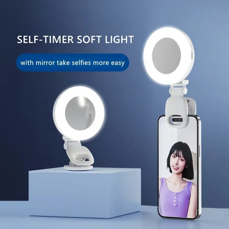 Lampu Selfie Kecantikan Ponsel dengan Cermin Portabel untuk Mengambil Foto Langsung Lampu Mini Putar Universal untuk Smartphone