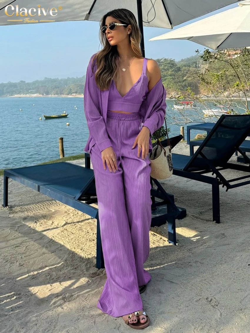 Clacive Fashion Loose Purple 3 Piece Sets Women Outfit 2025 Elegant Long Sleeve Shirt + Crop Top With High Waist Wide Pants Set