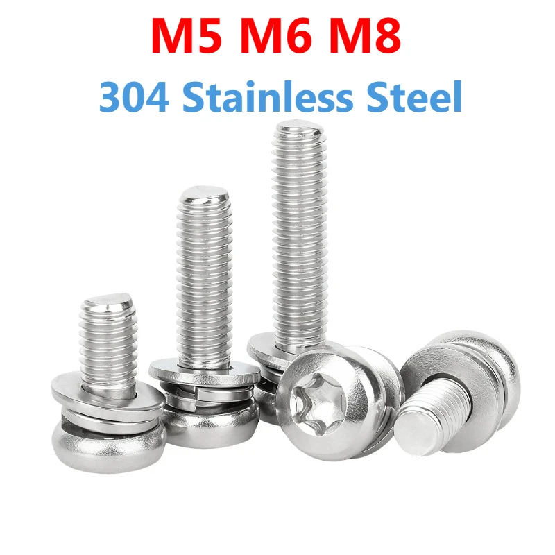 304 A2-70 Stainless Steel Six-Lobe Torx Pan Head Screw with Washer M5 M6 M8 Three Combination Machine Sems Screw GB2672
