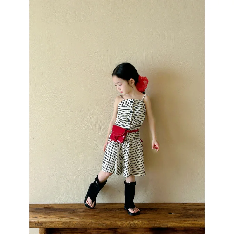 

2025Summer New Girls Vacation Style Suit Children's Striped Camisole+Wide-Leg Skort Two-Piece Set