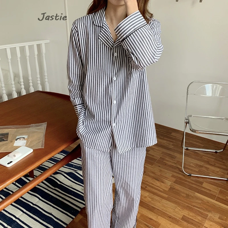 Simple Fashion Casual Striped Cotton Pajamas Suit Couple Wear Spring Long Sleeve Shirt Straight Pants Sets For Women 2 Pieces