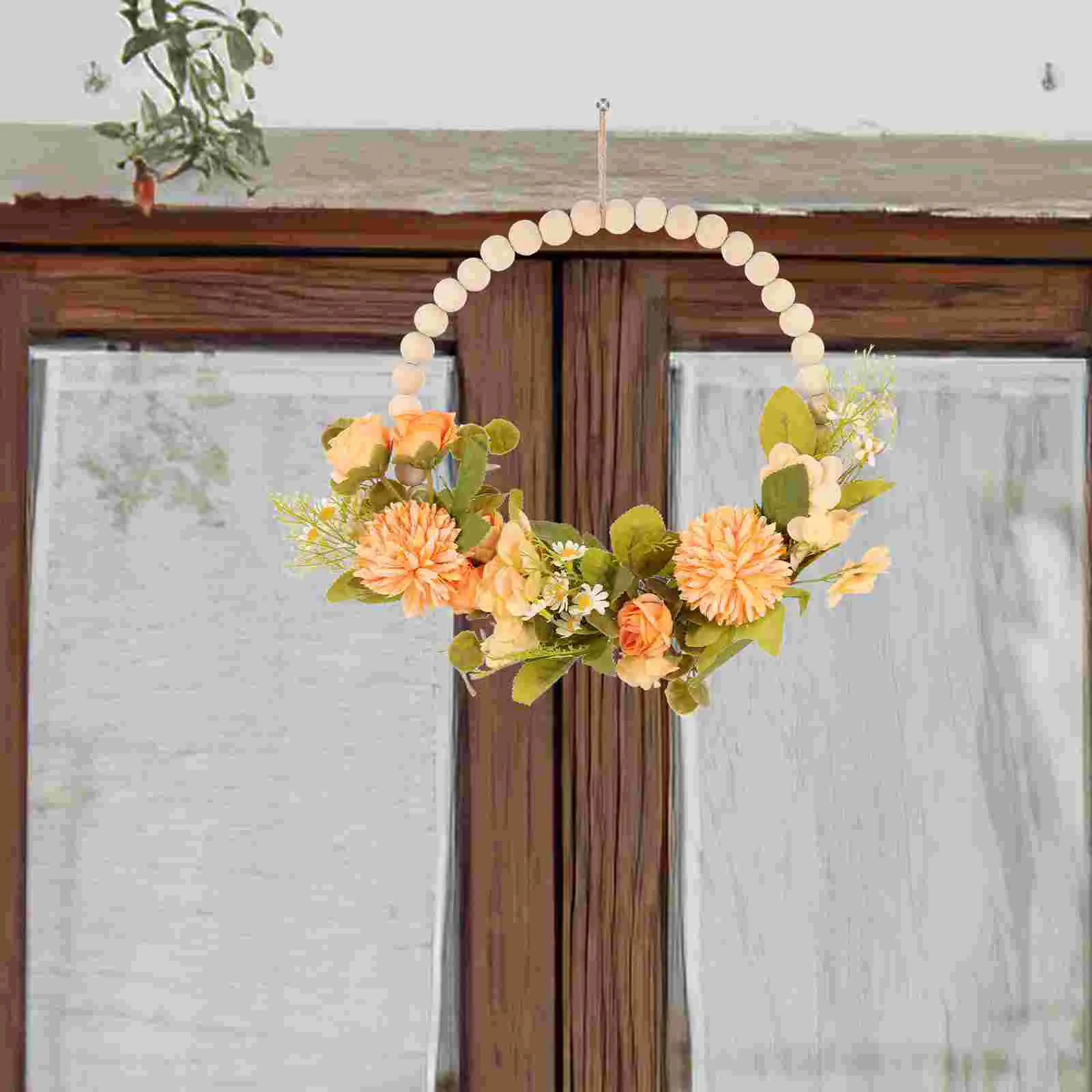 Faux Wood Bead Garland Wall Wreath Decor Wooden Hanging Decoration Wedding Prop Outdoor Spring Artificial