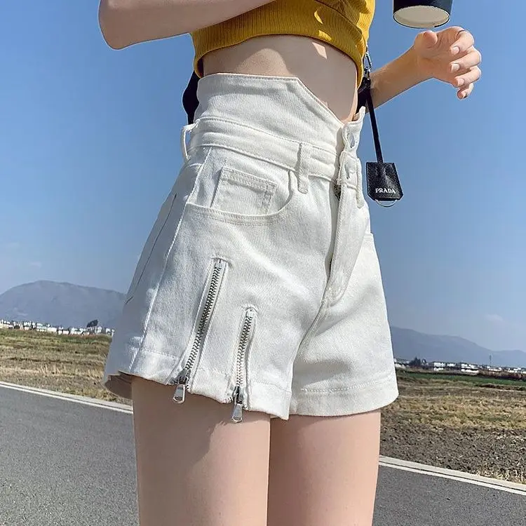 2024 New Fake Zippers Fashion Streetwear High Waisted Short Pants Thin Denim Shorts Women Summer White Jeans for Women  A32